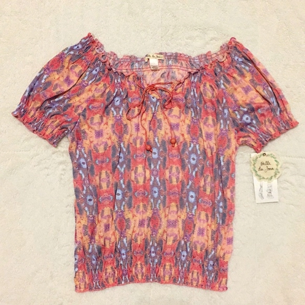 Patterned Ruffle Short Sleeve Peasant  shirt | Belle Du Jour | Macy's